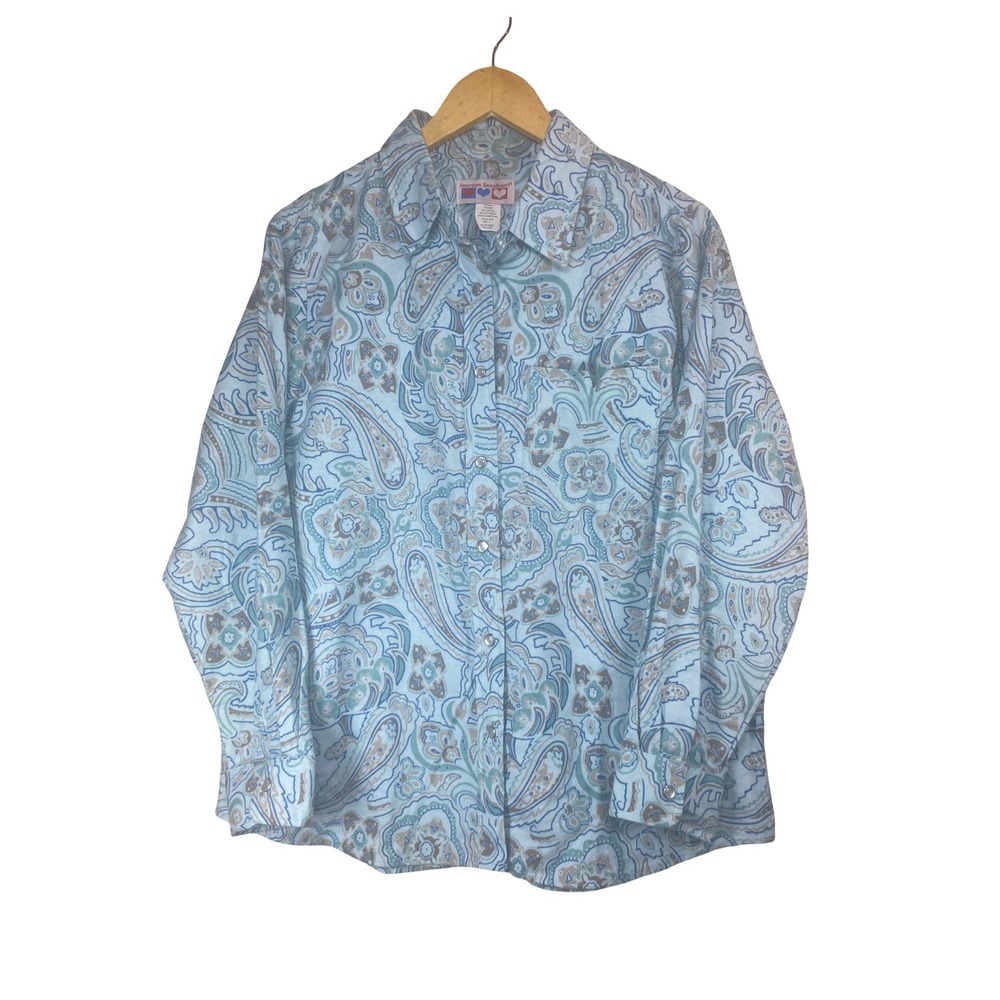American‎ Sweetheart Womens Blue Paisley Snap Button Western Shirt Large